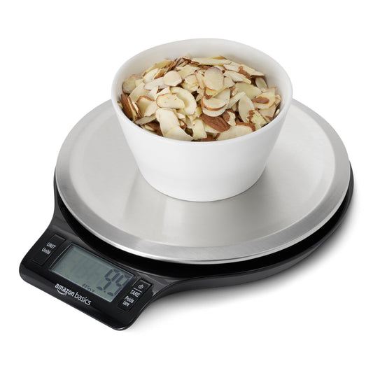 Amazon Basics Digital Kitchen Scale with LCD Display, Tare Function, Multiple Units, Weighs up to 11 Pounds, Batteries Included, Black and Stainless Steel